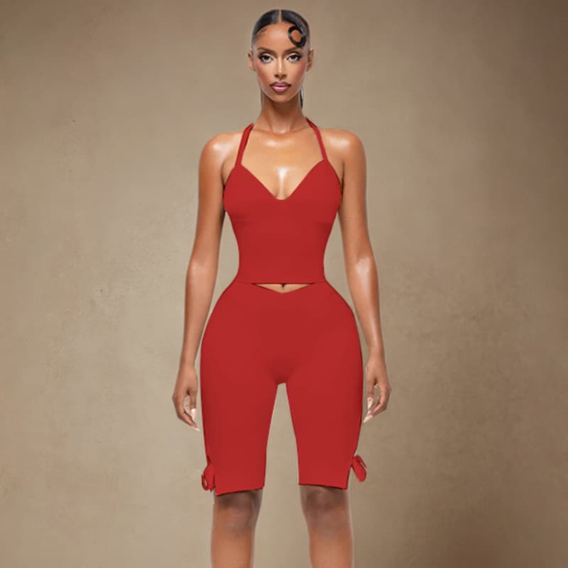 Womens Halterneck Strapless Tube Top And Bow-Knot Pants Solid-Color Set 5