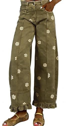 Floral-print Wide-leg Pants Loose-fitting Vintage-style Denim Imitations 3