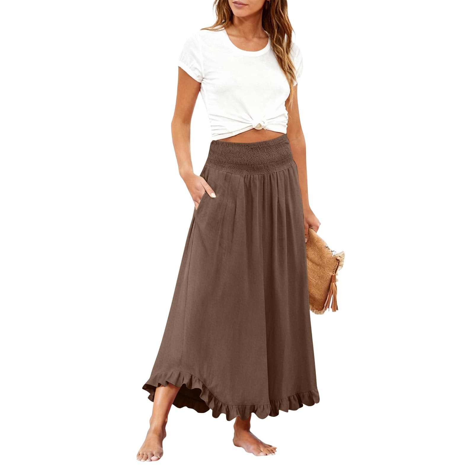 High-waisted Elastic-waist Long Skirt With Ruffled Hem 5