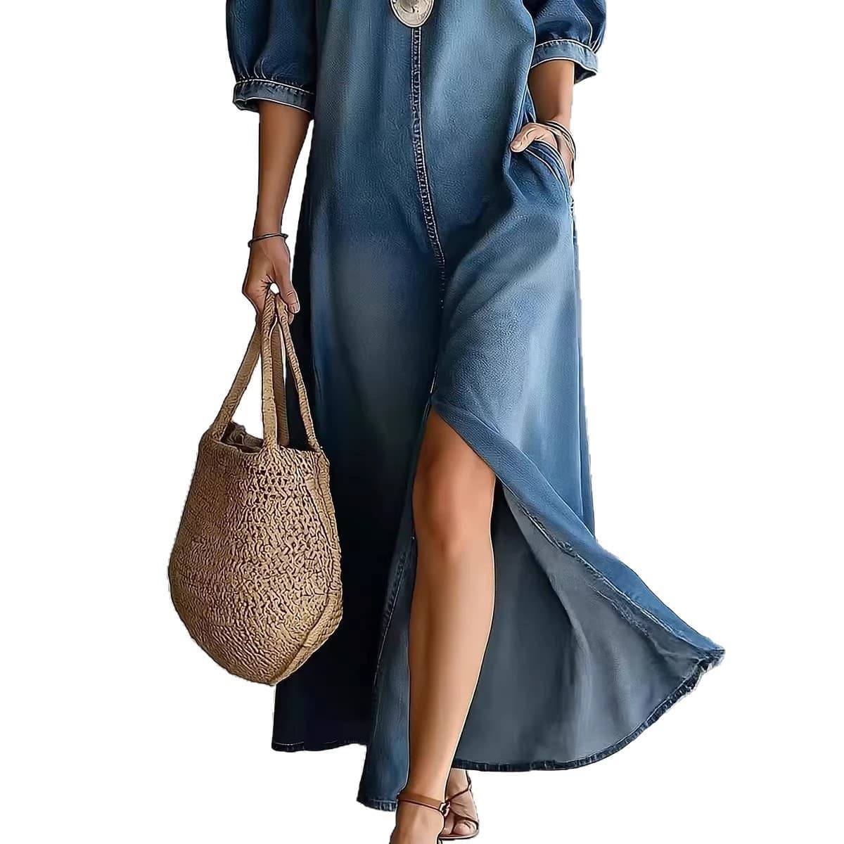 Loose-fit Chic Off-shoulder Slit Denim Maxi Dress 4