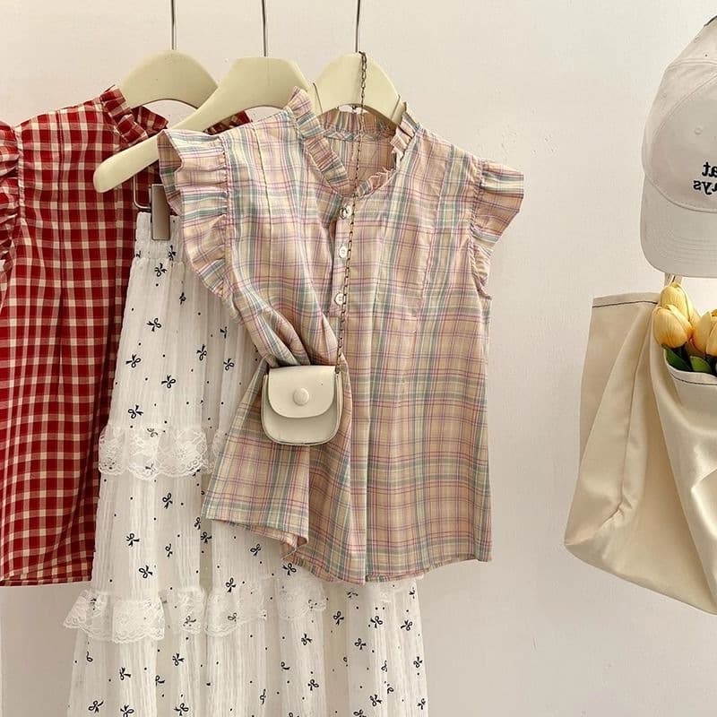 Red Plaid Slimming Sleeveless Shirt For Women 2