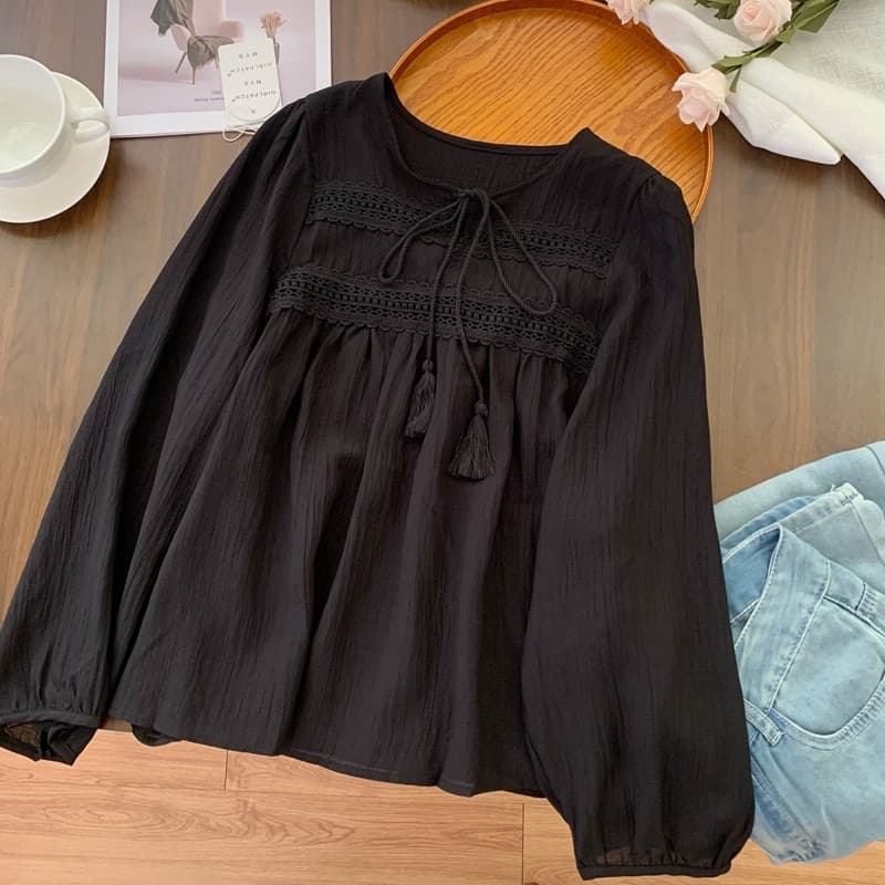 Sweet Designer-style Hollow-out Tassel-lace-up Round-neck Blouse 6