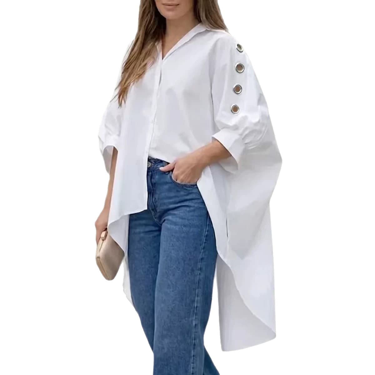 Womens Loose-fit Solid-color Long-sleeve Shirt 6