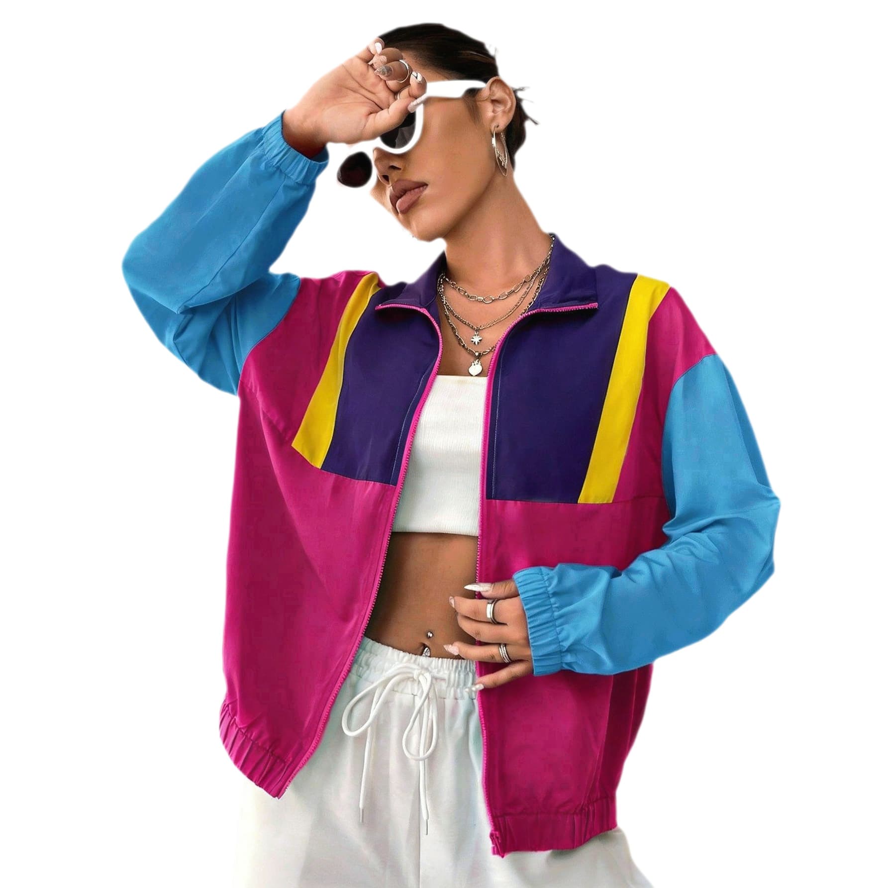 New Summer Casual Color-block Patchwork Zip-up Jacket For Women 4