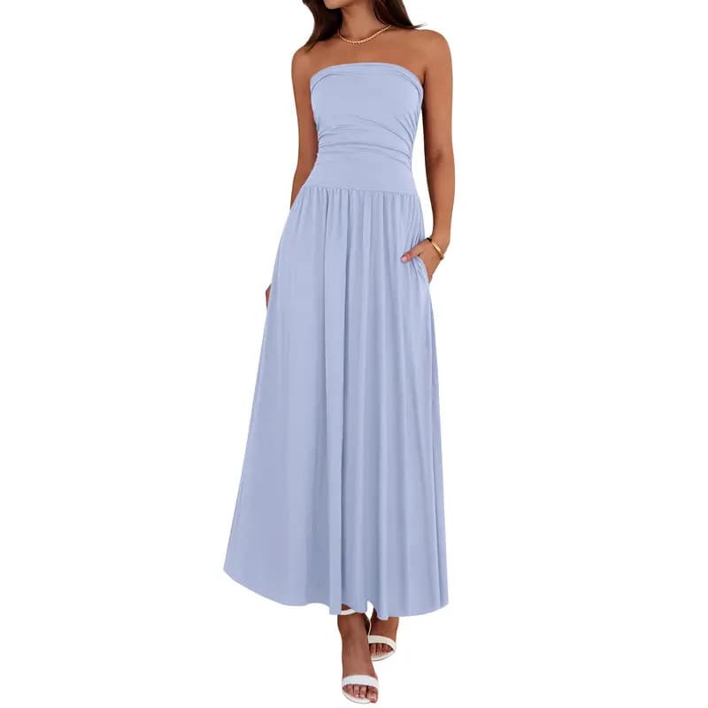 Vintage-tinged Pleated Patchwork Strapless Evening Dress 14