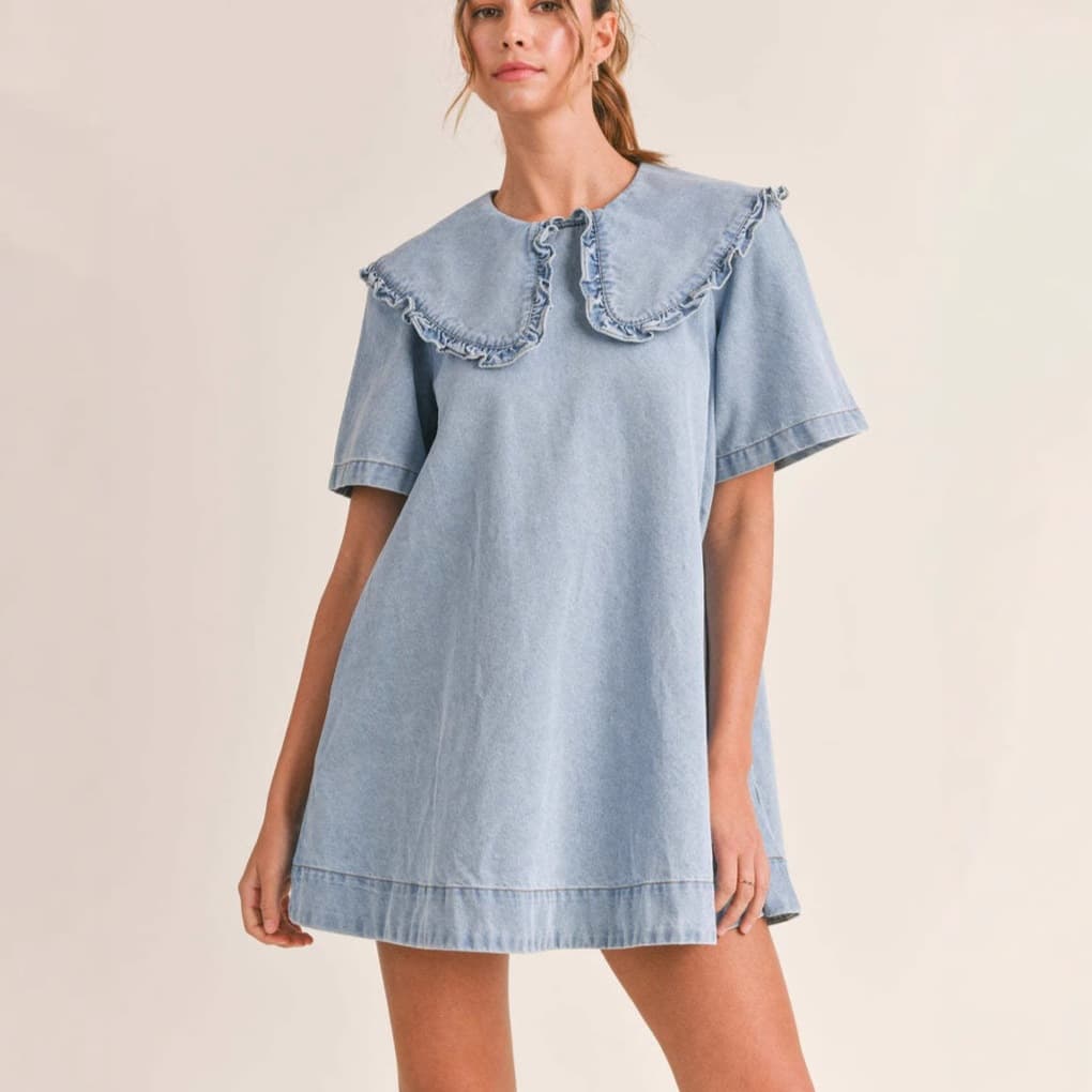 Womens Denim Dress With Lapel Collar And Flouncy Ruffle Hem 4