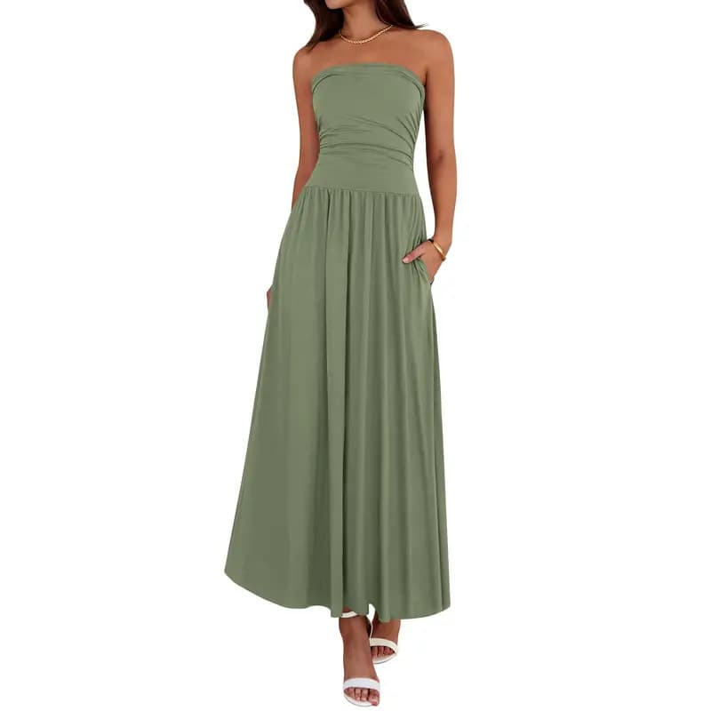 Vintage-tinged Pleated Patchwork Strapless Evening Dress 11