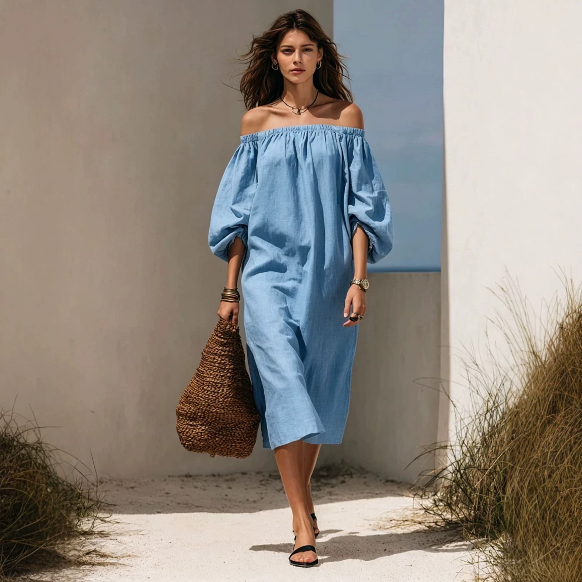 Womens Blended Off-shoulder Puff-sleeve Dress 8