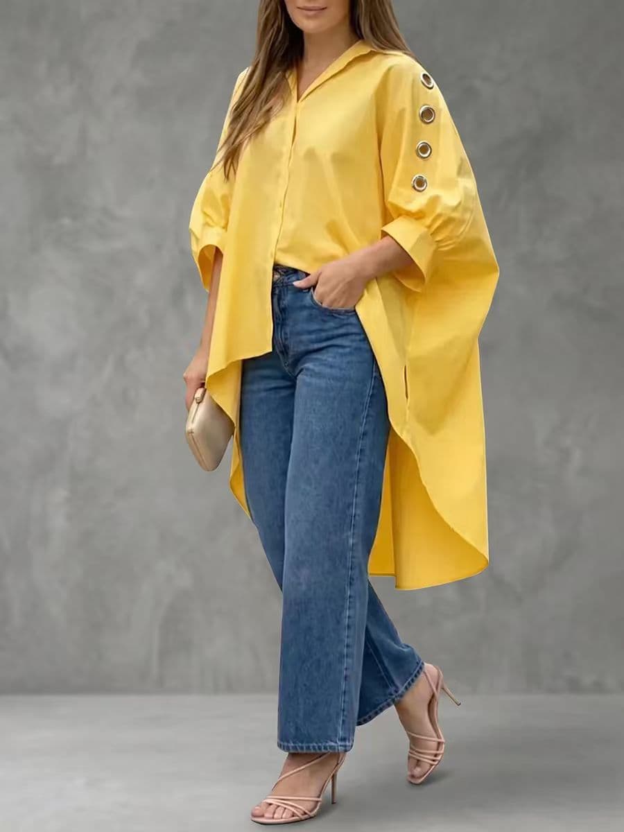 Womens Loose-fit Solid-color Long-sleeve Shirt 2