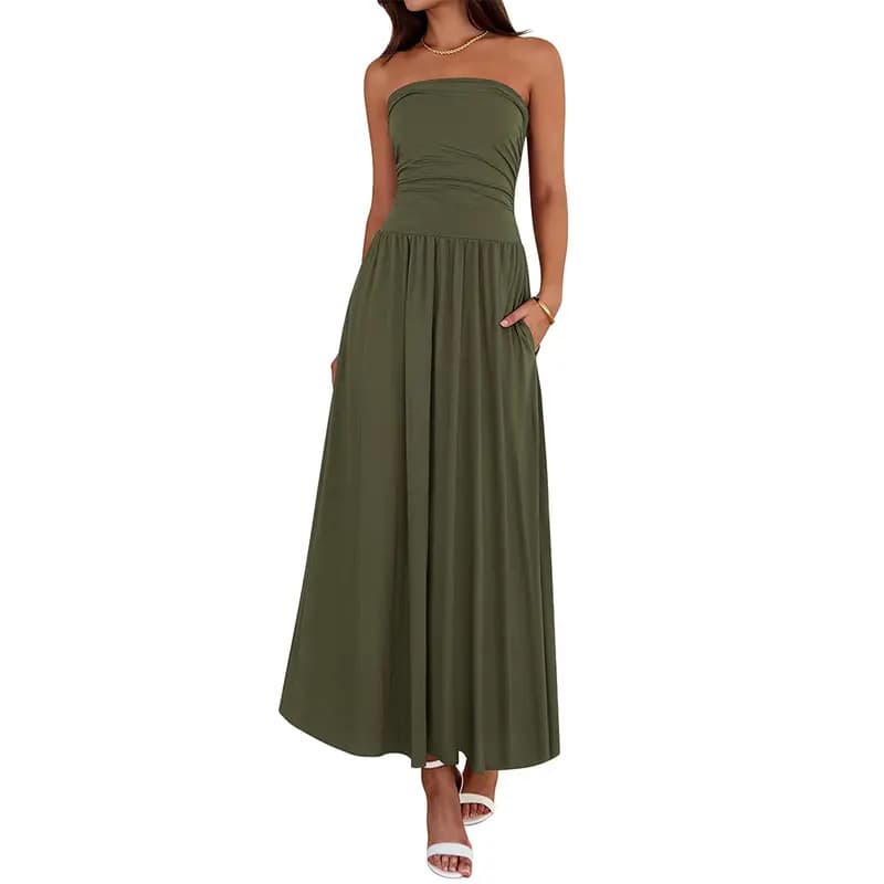 Vintage-tinged Pleated Patchwork Strapless Evening Dress 6