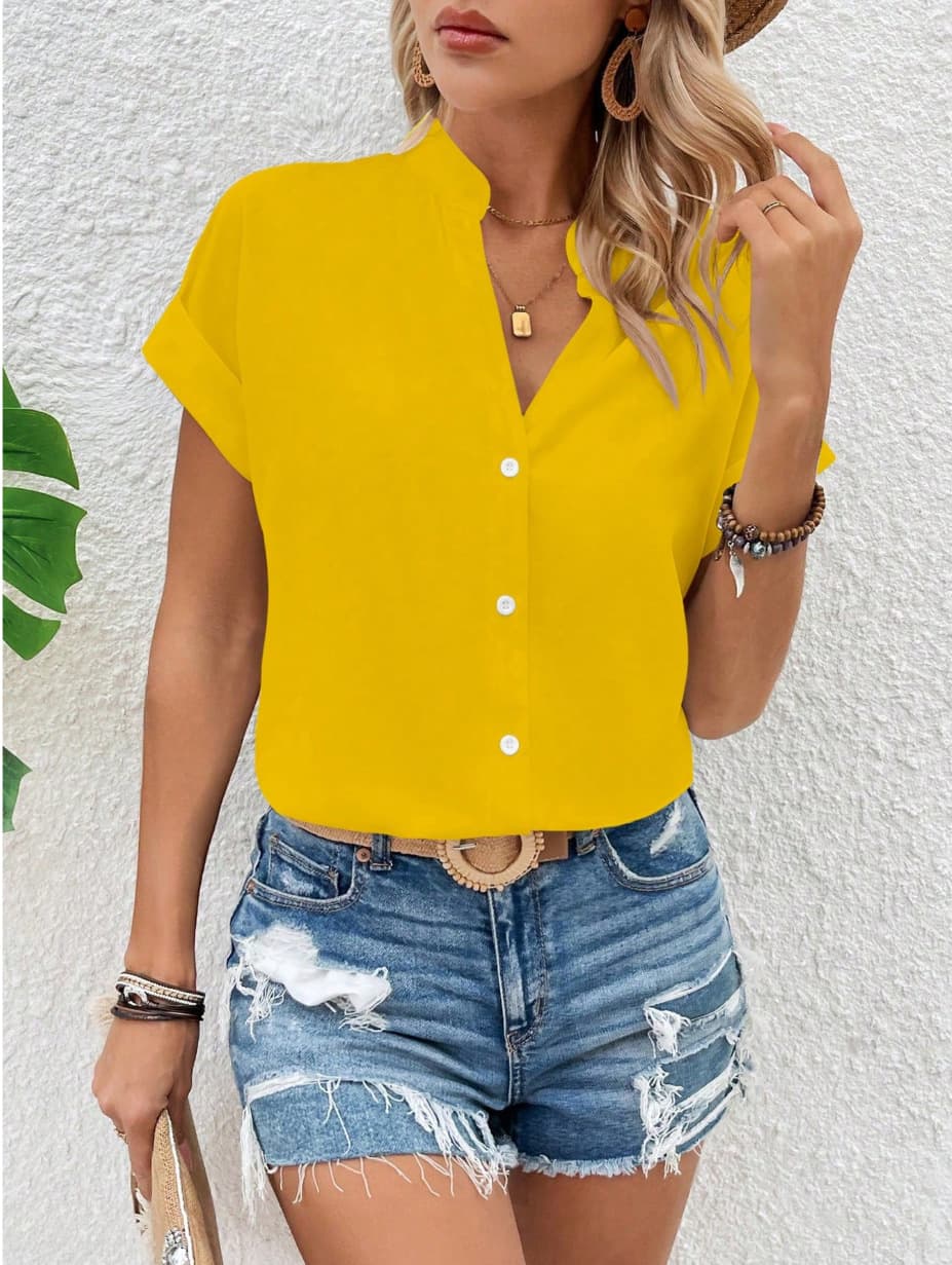 V-neck Fashionable Casual Womens Solid-color Batwing Short-sleeve Shirt 4