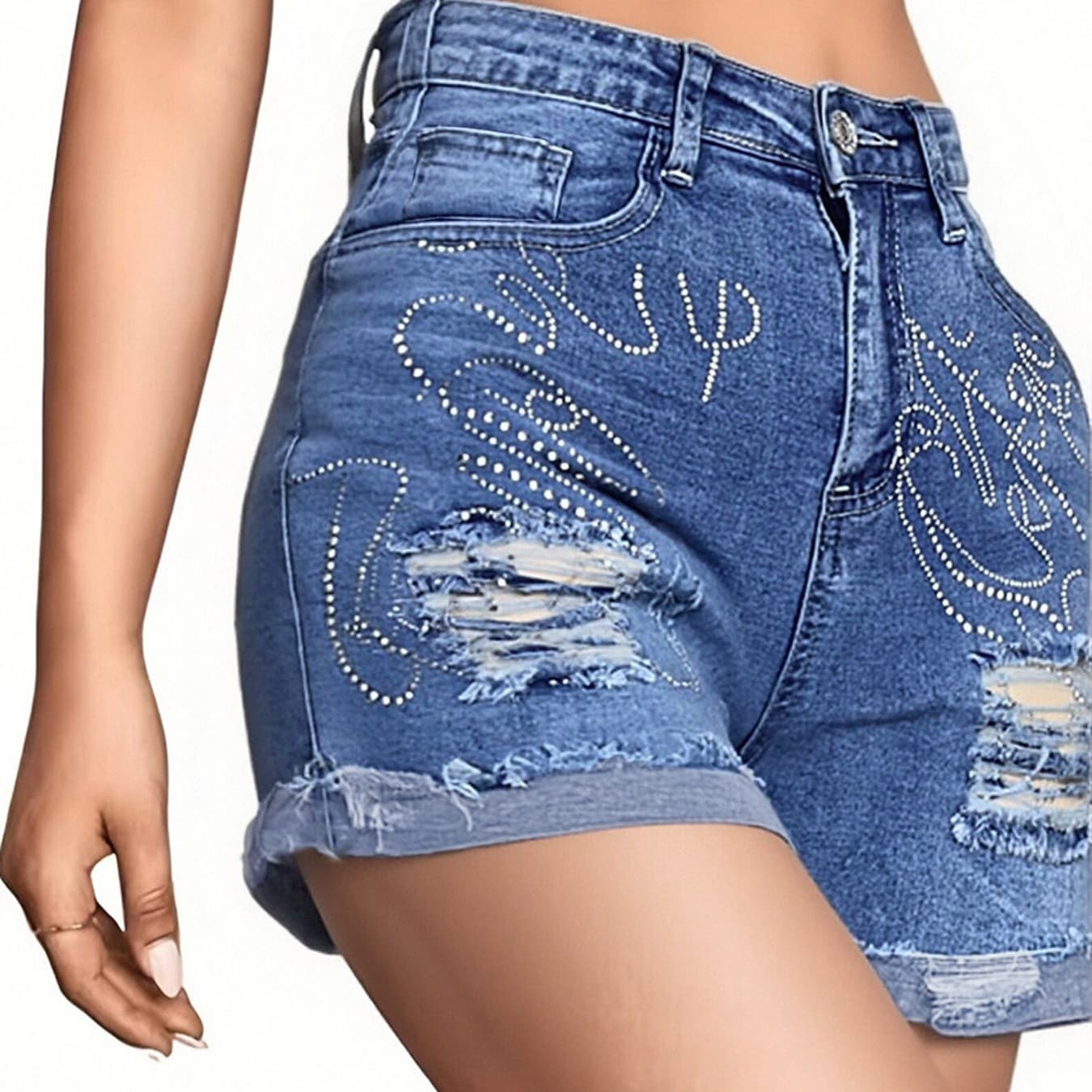 Womens Heavy-Duty Rhinestone-Embellished Denim Shorts 3