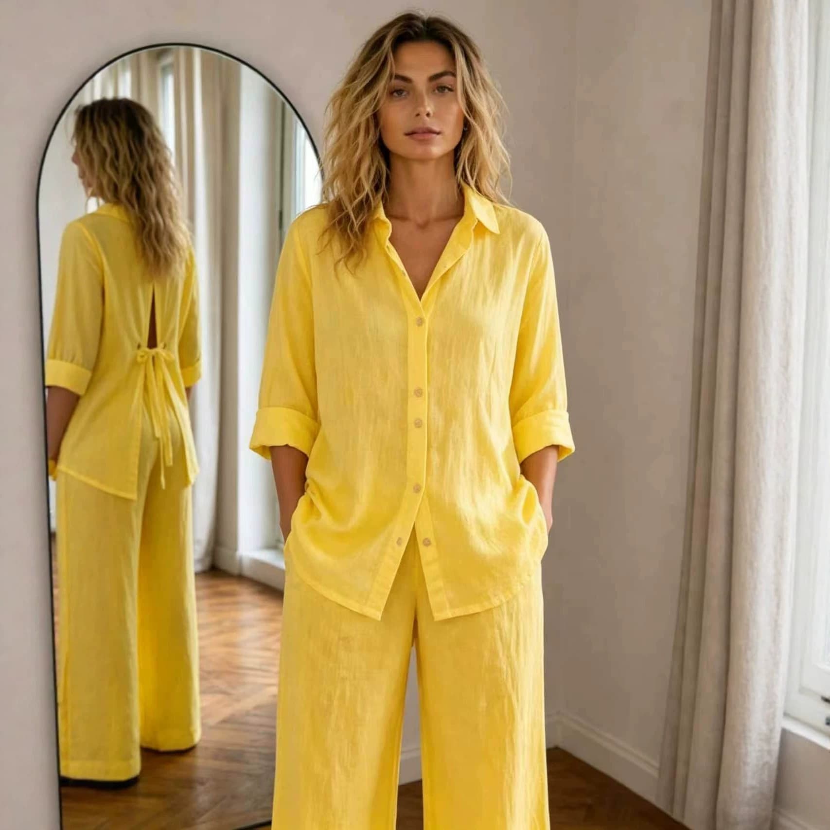 New Casual Solid-Color Trousers Summer Loose Single-Breasted Crepe Shirt Set 10