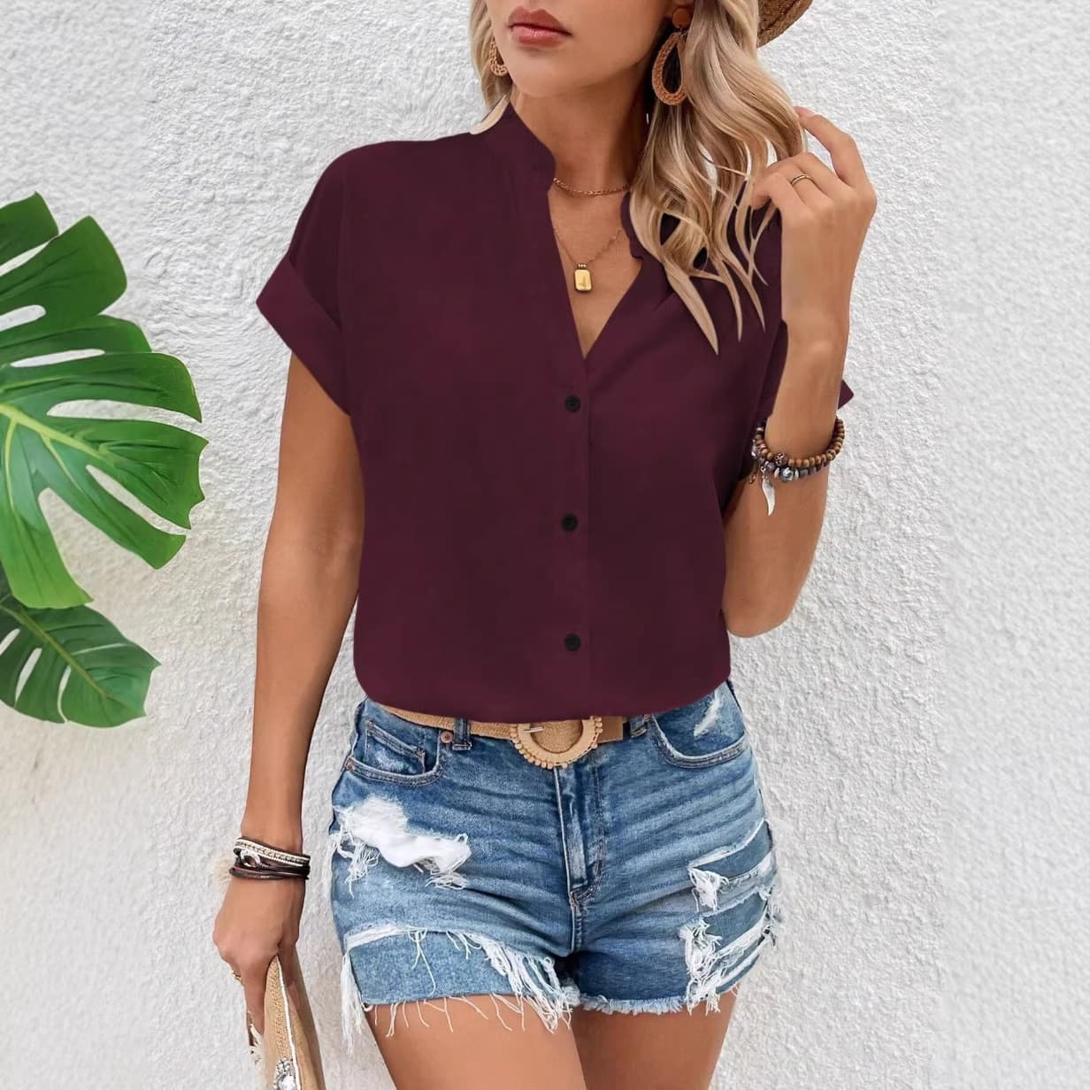 V-neck Fashionable Casual Womens Solid-color Batwing Short-sleeve Shirt 2