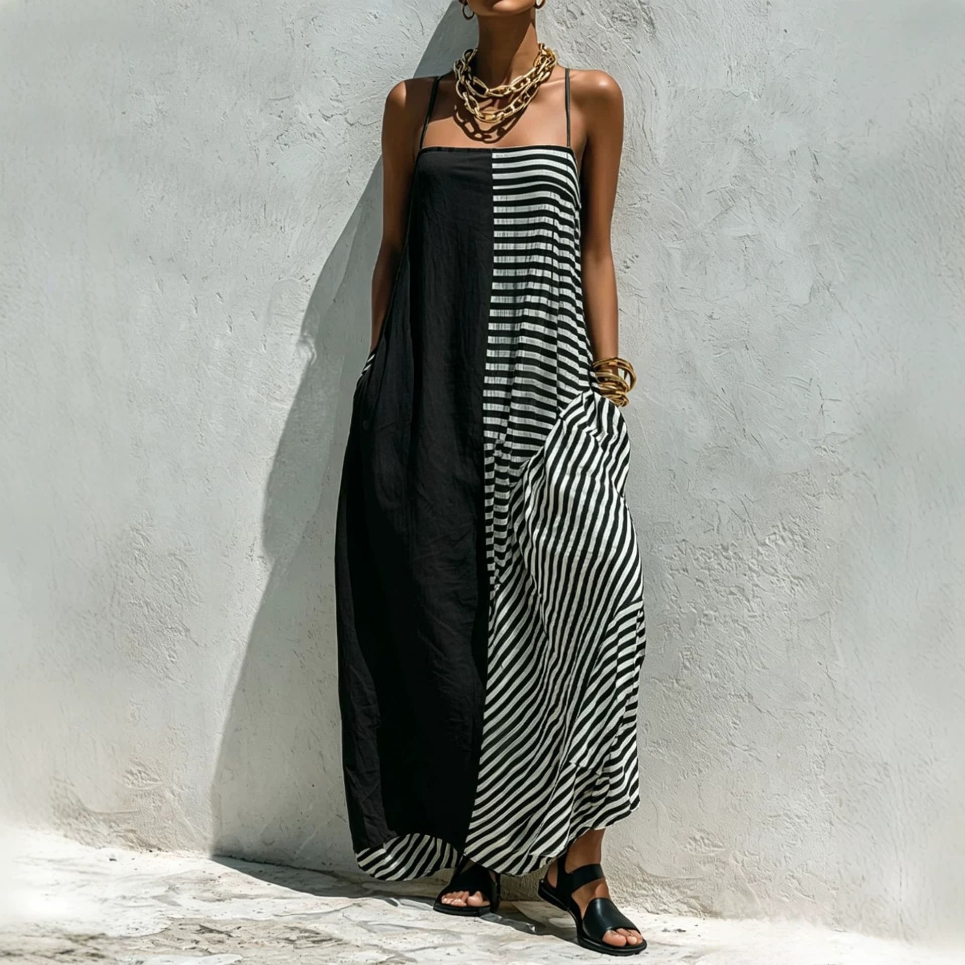Printed Striped Strap Sleeveless Long Dress 2