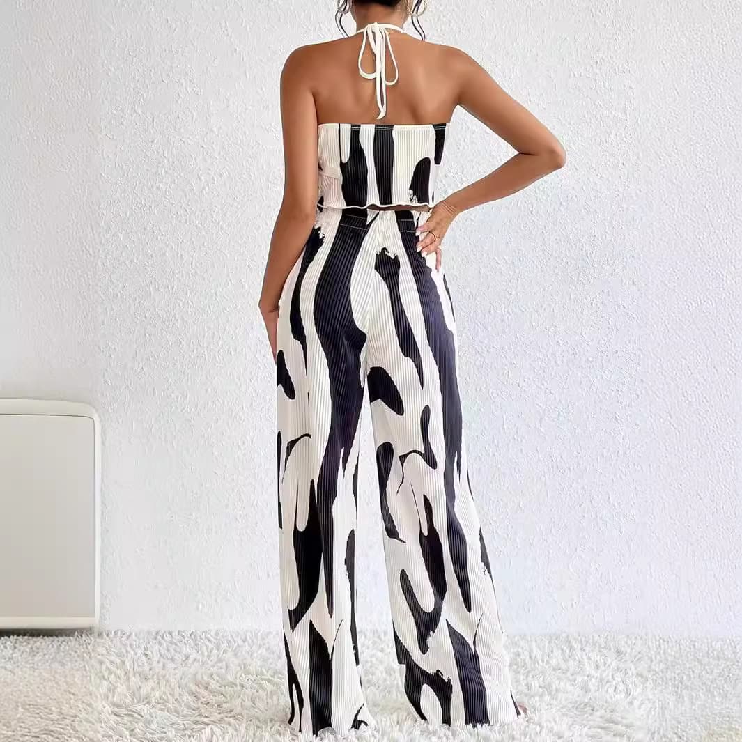 Large-Check Print Halterneck Wide-Leg Pants Casual Set 5