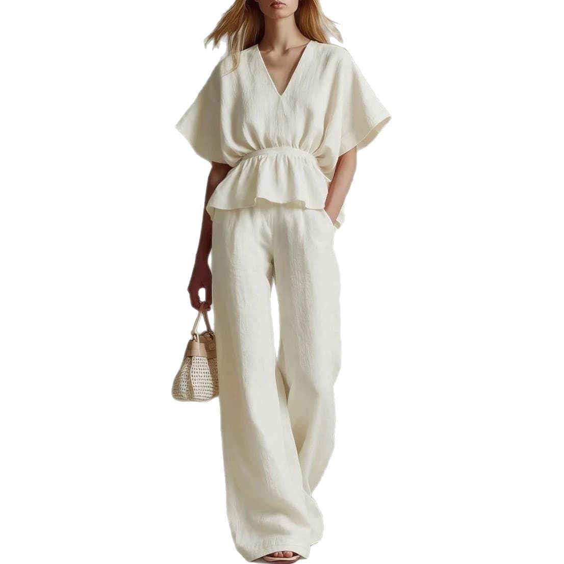Womens V-neck Cinched-top And Wide-leg Pants Two-piece Set 5