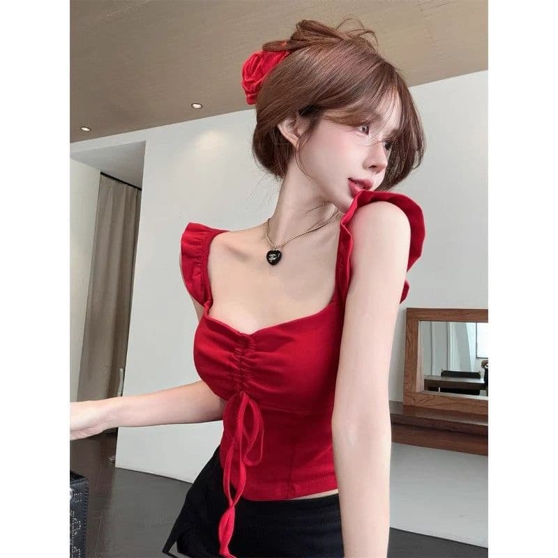 Sweet And Alluring Red Camisole With Bishop Sleeves And A Square Neckline 3