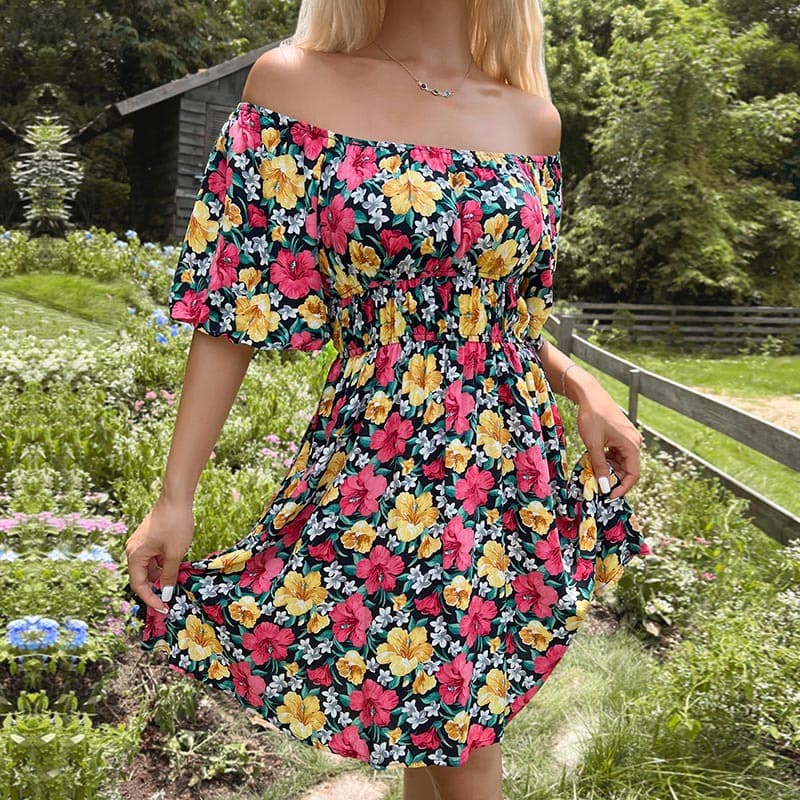Womens Off-shoulder Flounce-trimmed Printed Dress 3