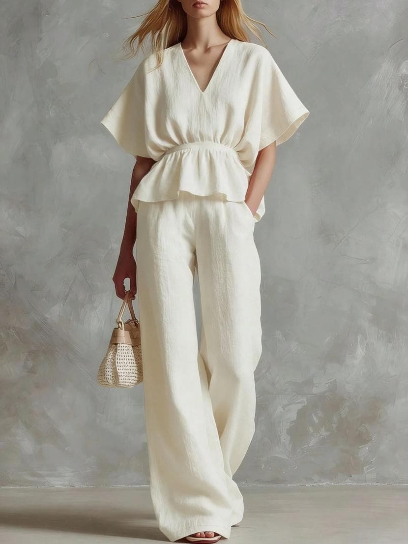 Womens V-neck Cinched-top And Wide-leg Pants Two-piece Set 2