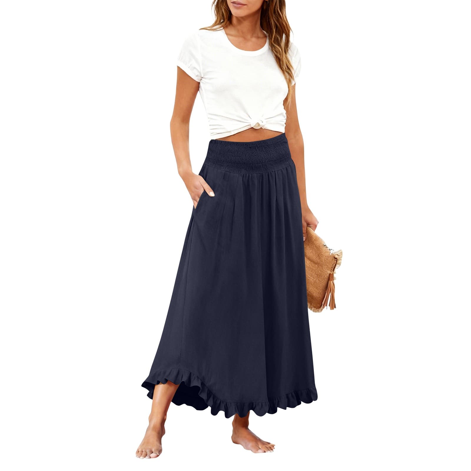 High-waisted Elastic-waist Long Skirt With Ruffled Hem 16