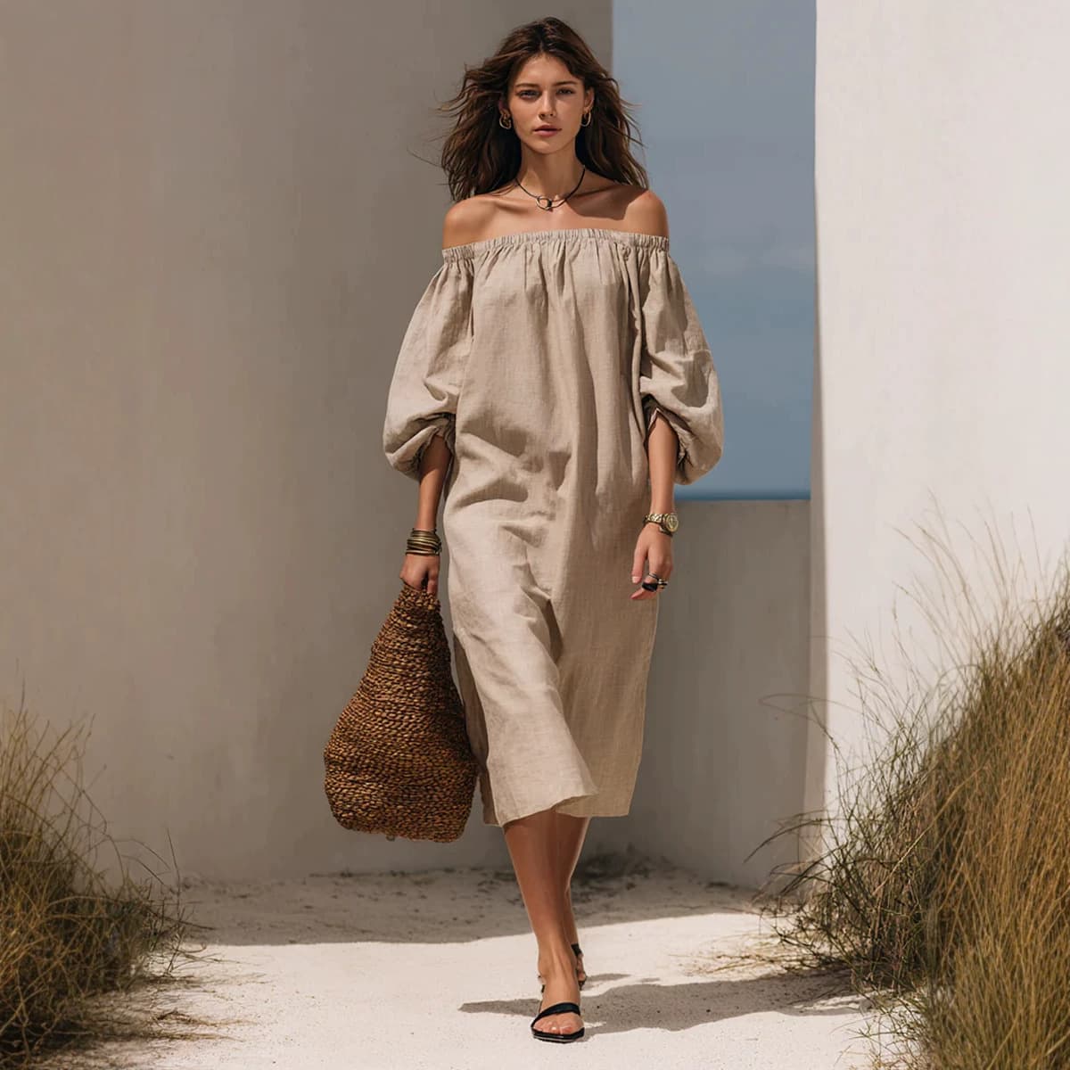 Womens Blended Off-shoulder Puff-sleeve Dress 7