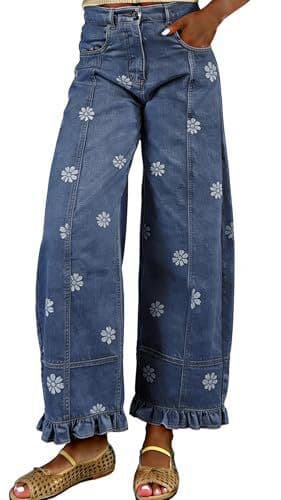 Floral-print Wide-leg Pants Loose-fitting Vintage-style Denim Imitations 12
