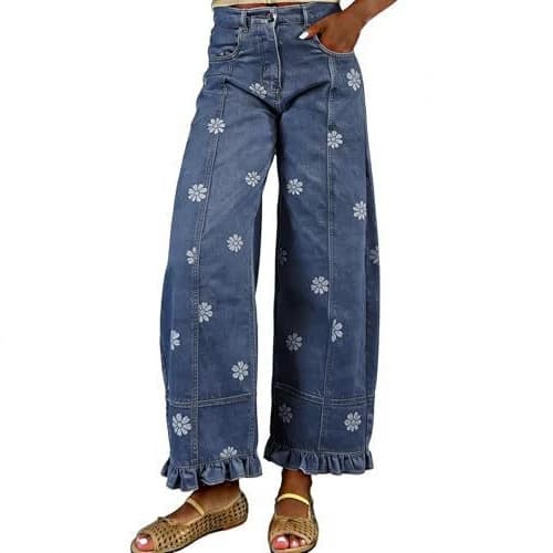 Floral-print Wide-leg Pants Loose-fitting Vintage-style Denim Imitations 10