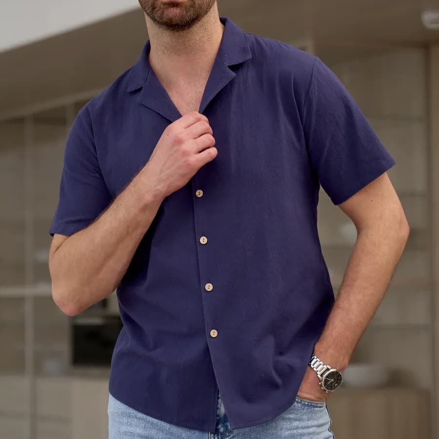 Mens Casual And Stylish Lapel Short-sleeve Cotton-linen Shirt 3