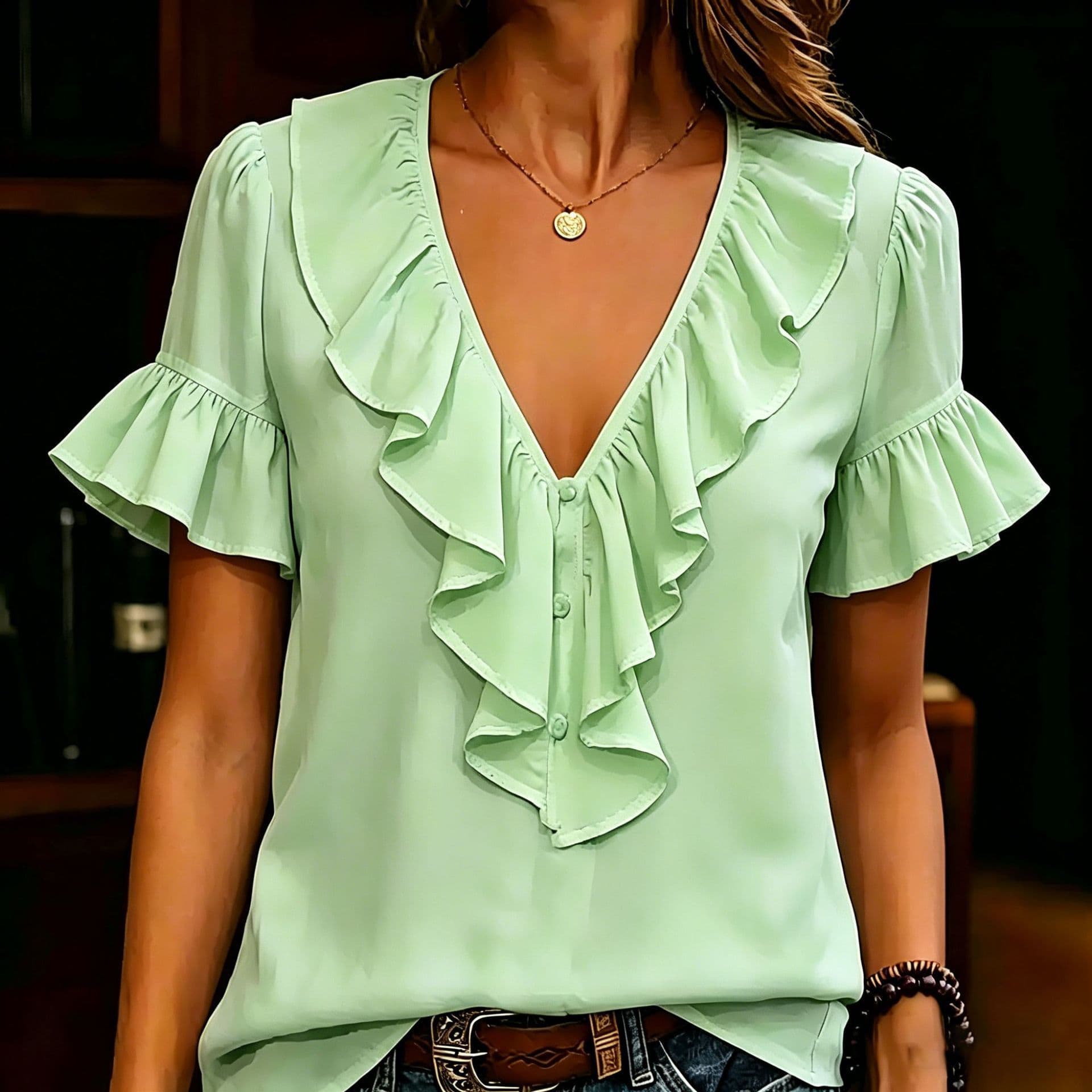 Womens Short-Sleeved T-Shirt With Ruffled Hem And V-Neck 2