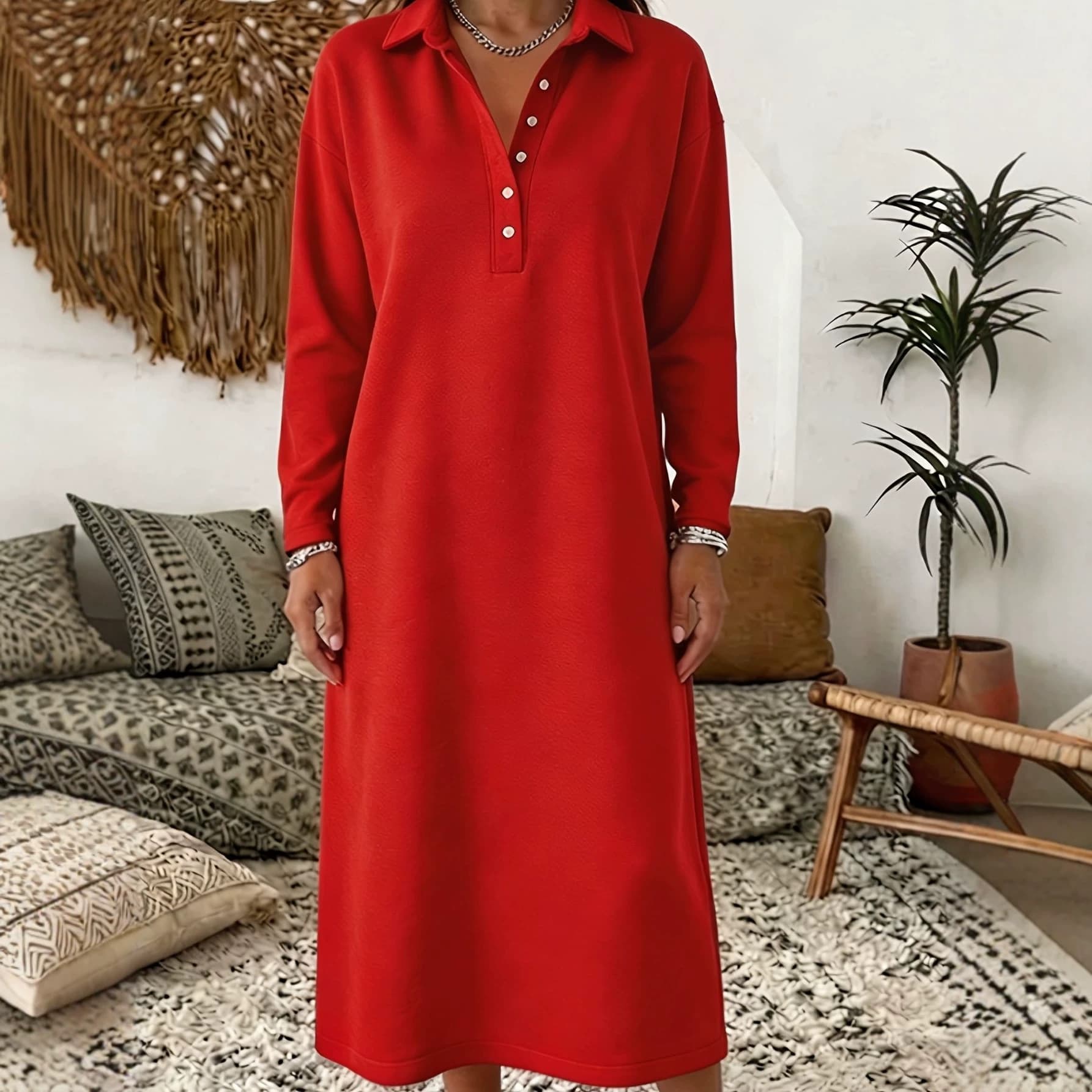 Knitted Sweater Dress With A Shirt Collar And Long Sleeves Simple And Elegant 5