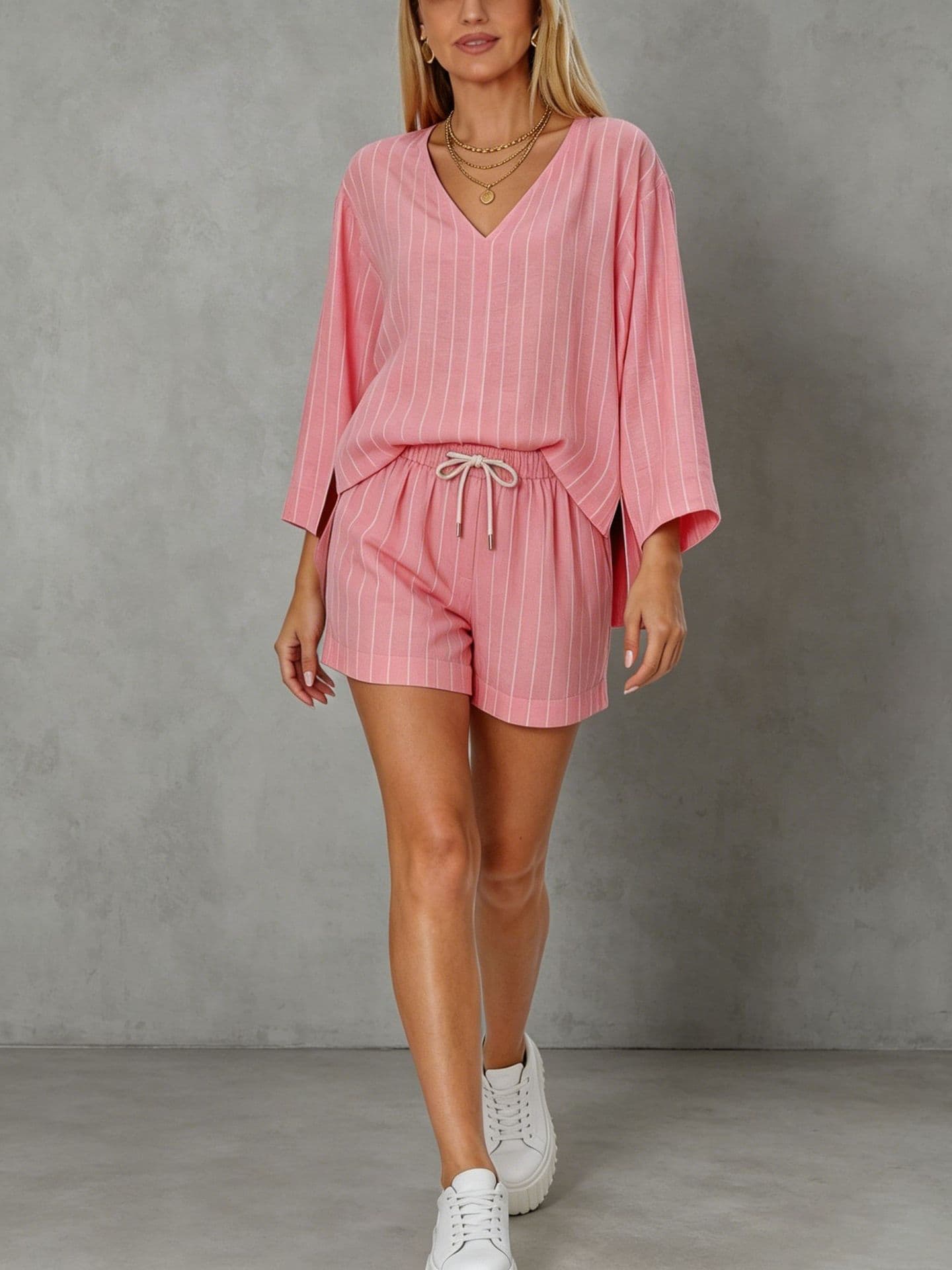 Womens Loose-fit V-neck Long-sleeve Shorts Set 5