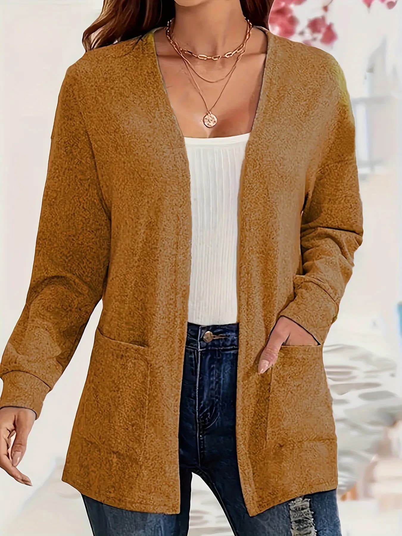 Womens Versatile Solid-color Pocketed Loose-fitting Lightweight Cardigan 4