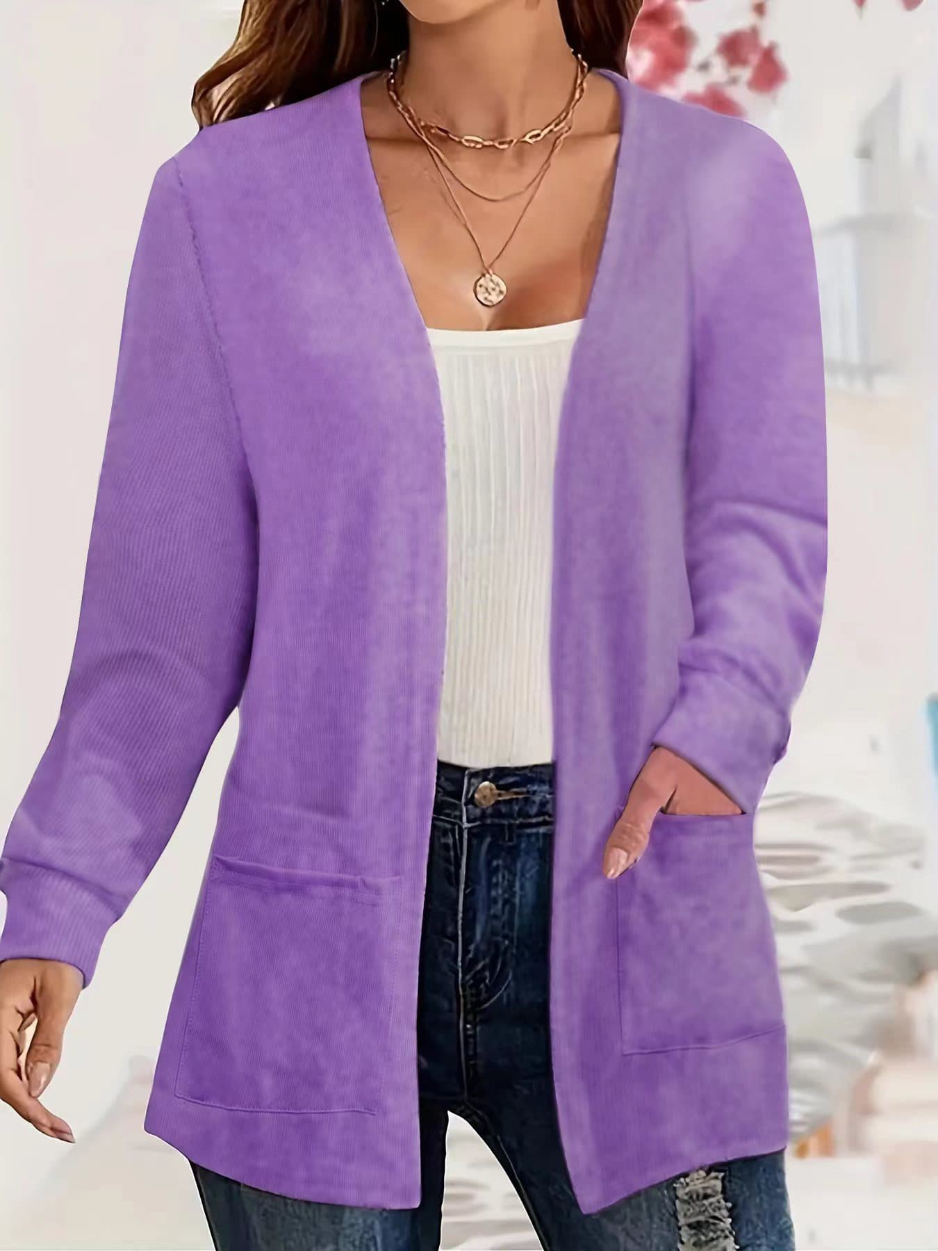 Womens Versatile Solid-color Pocketed Loose-fitting Lightweight Cardigan 3