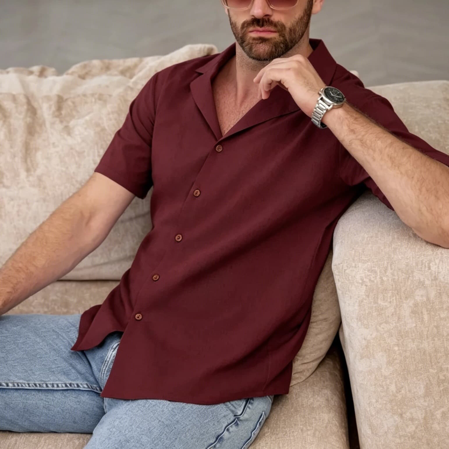 Mens Casual And Stylish Lapel Short-sleeve Cotton-linen Shirt 7