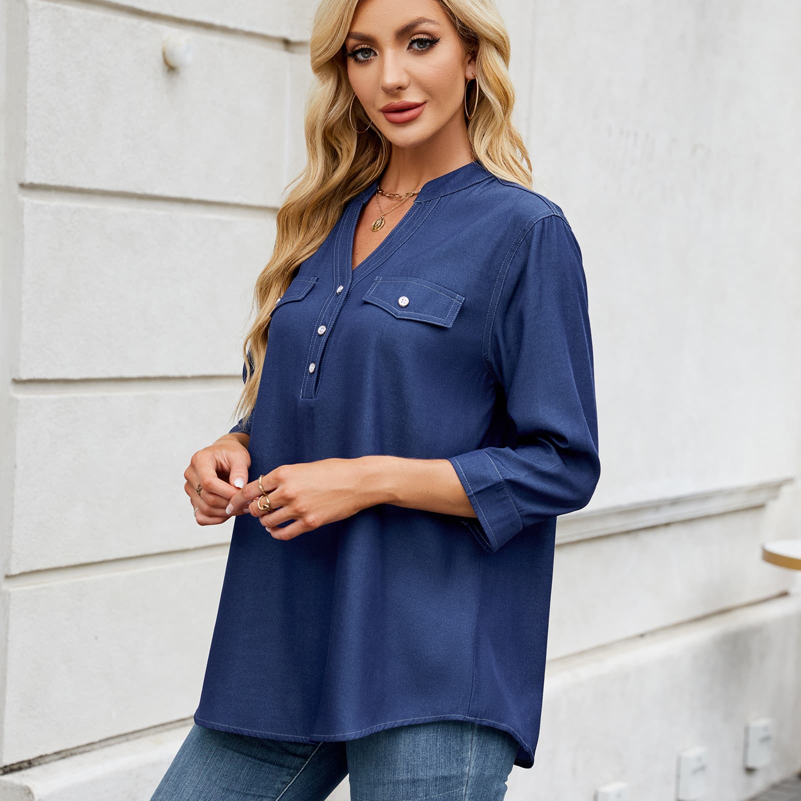 Casual Loose-fit Faux Denim Long Shirt 3