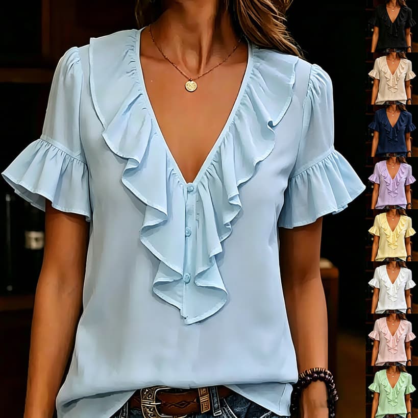 Womens Short-Sleeved T-Shirt With Ruffled Hem And V-Neck 10