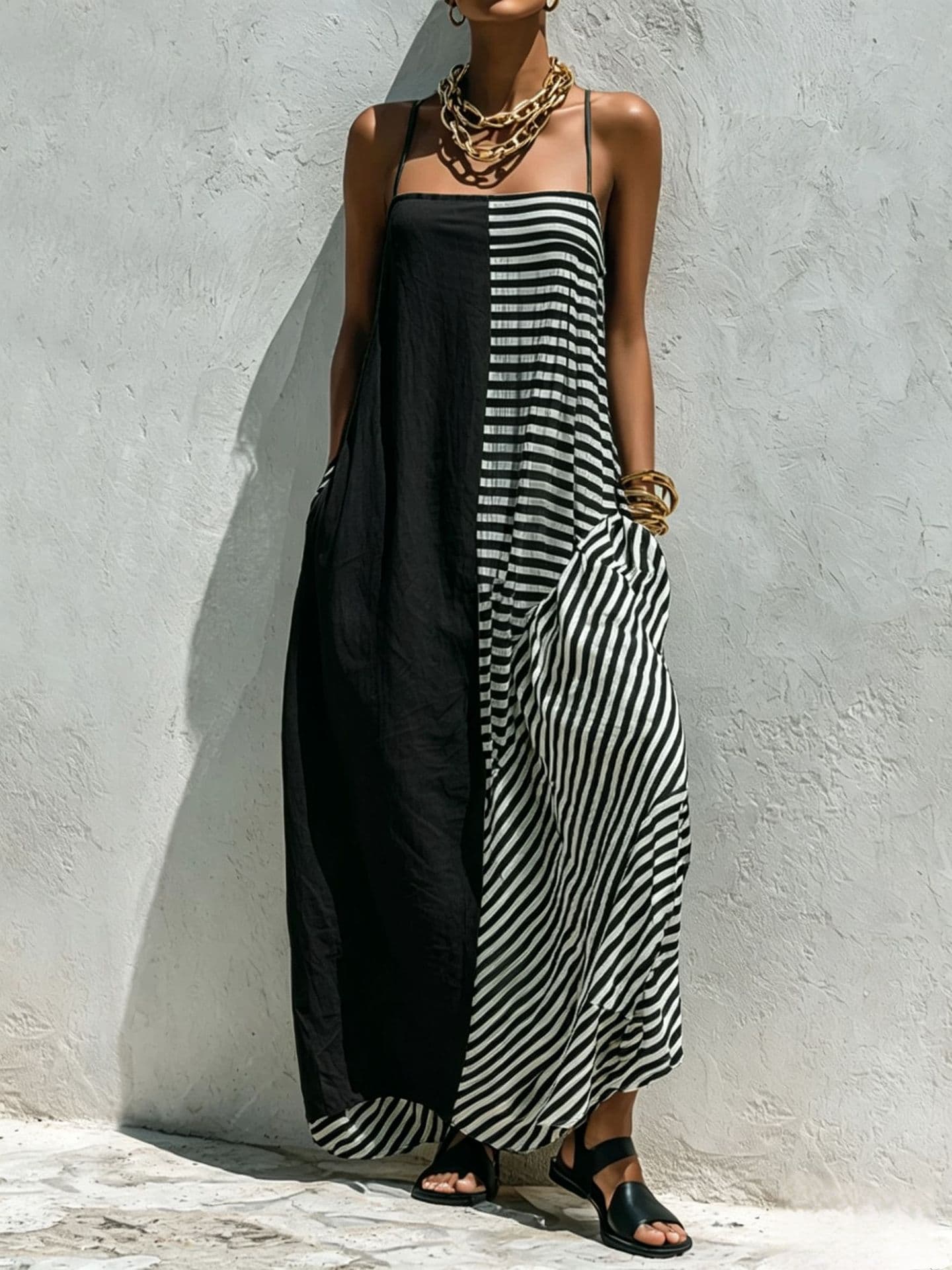 Printed Striped Strap Sleeveless Long Dress 5