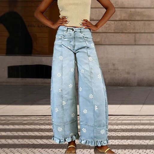 Floral-print Wide-leg Pants Loose-fitting Vintage-style Denim Imitations 6