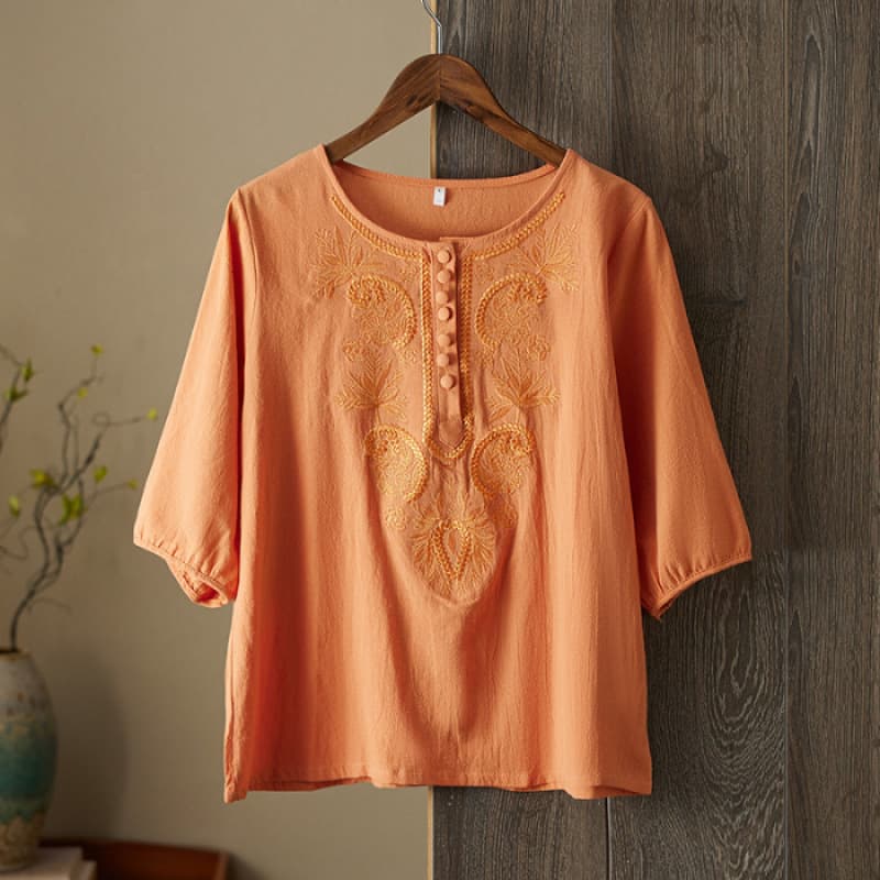 Womens Artistic Solid-Color Embroidered Cotton-Linen Top 4