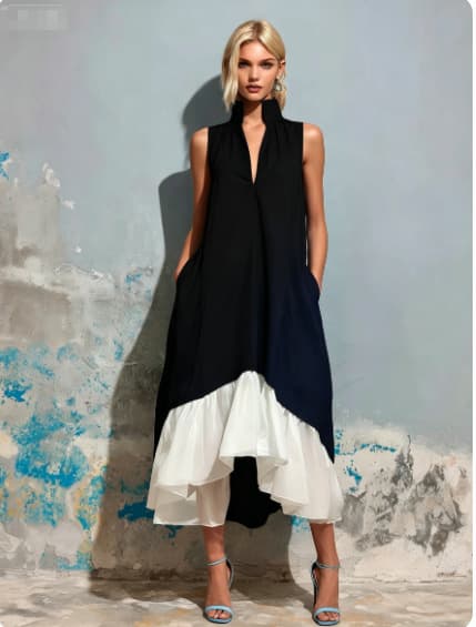 Color-block Stand-collar V-neck Asymmetrical Ruffled Dress 7