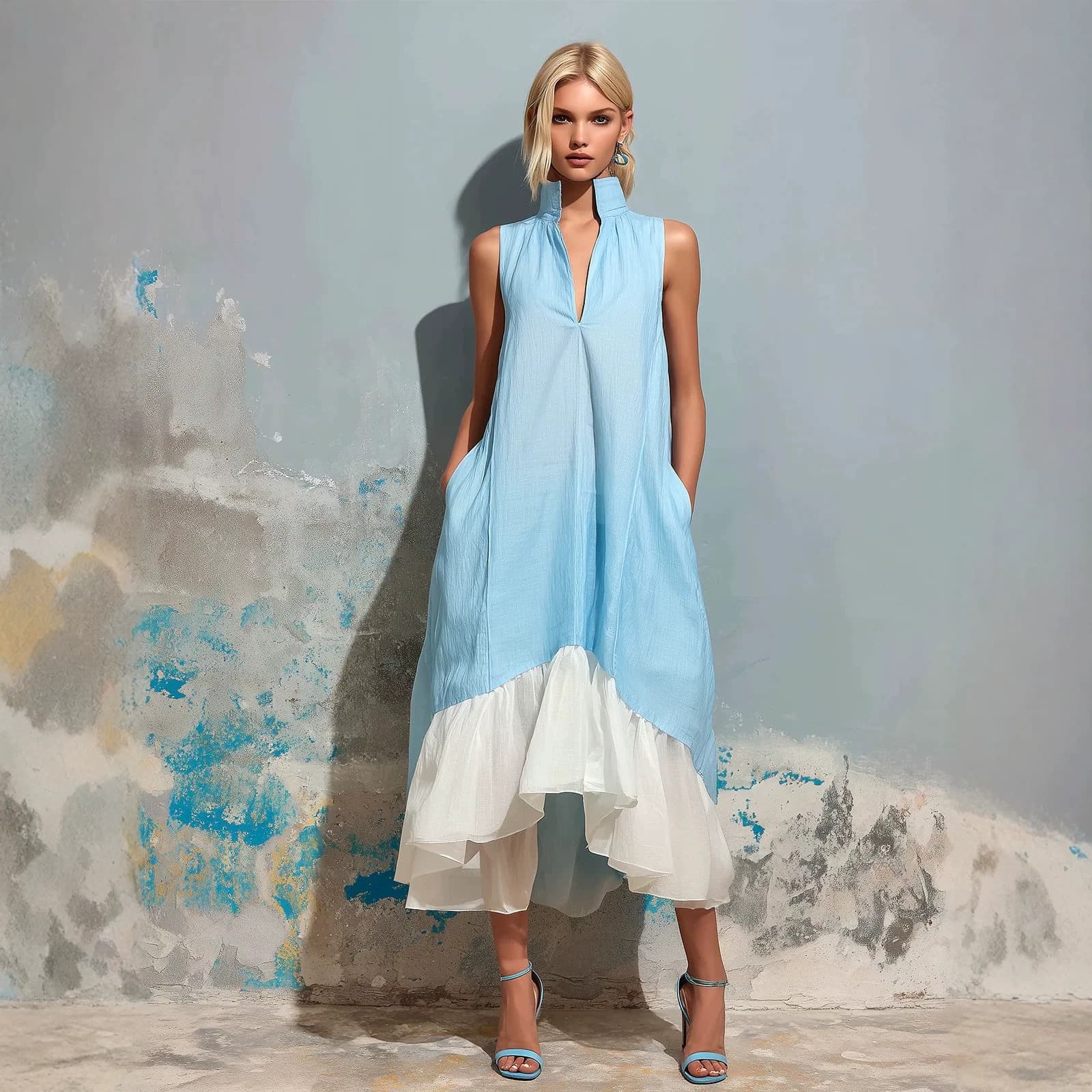 Color-block Stand-collar V-neck Asymmetrical Ruffled Dress 6