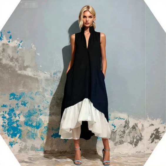 Color-block Stand-collar V-neck Asymmetrical Ruffled Dress 3