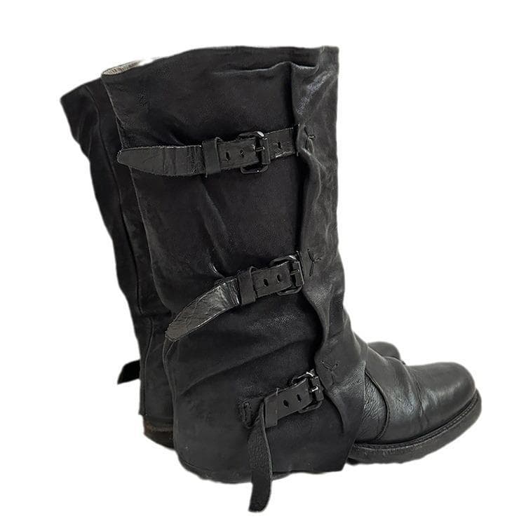 Womens Retro Leather-buckle Pleated Mid-calf Boots 6