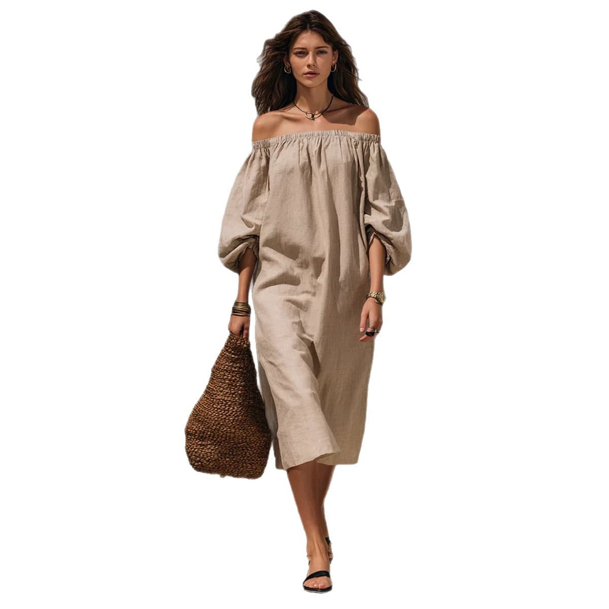 Womens Blended Off-shoulder Puff-sleeve Dress 5