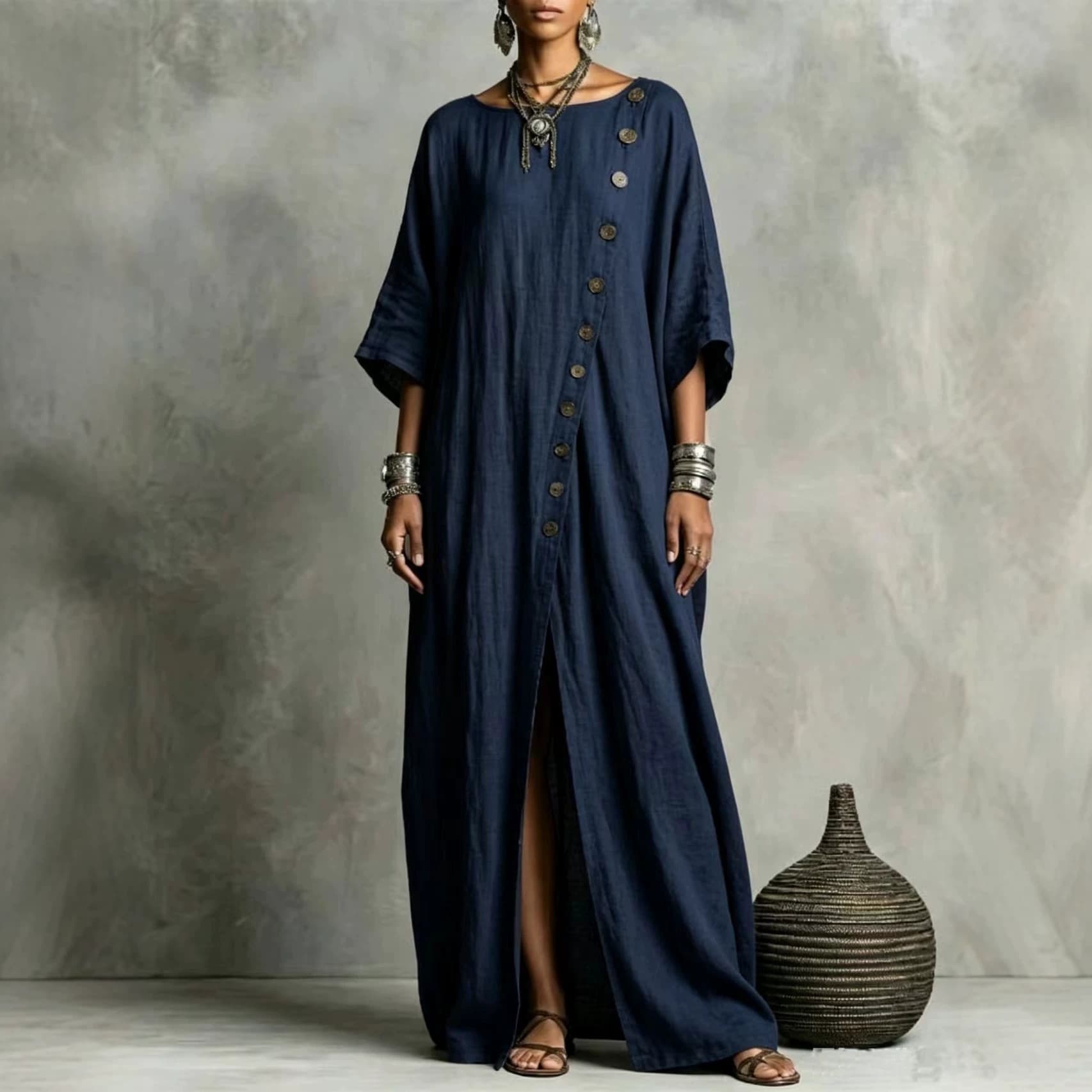 Round-neck Casual Asymmetrical Long Dress 10