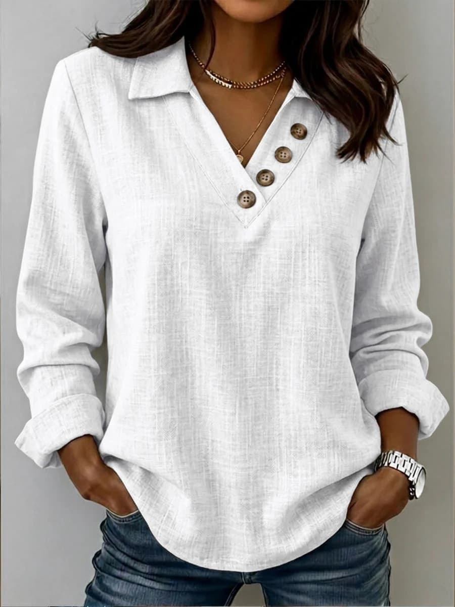 Versatile V-neck Button-up Retro Long-sleeve T-shirt 10