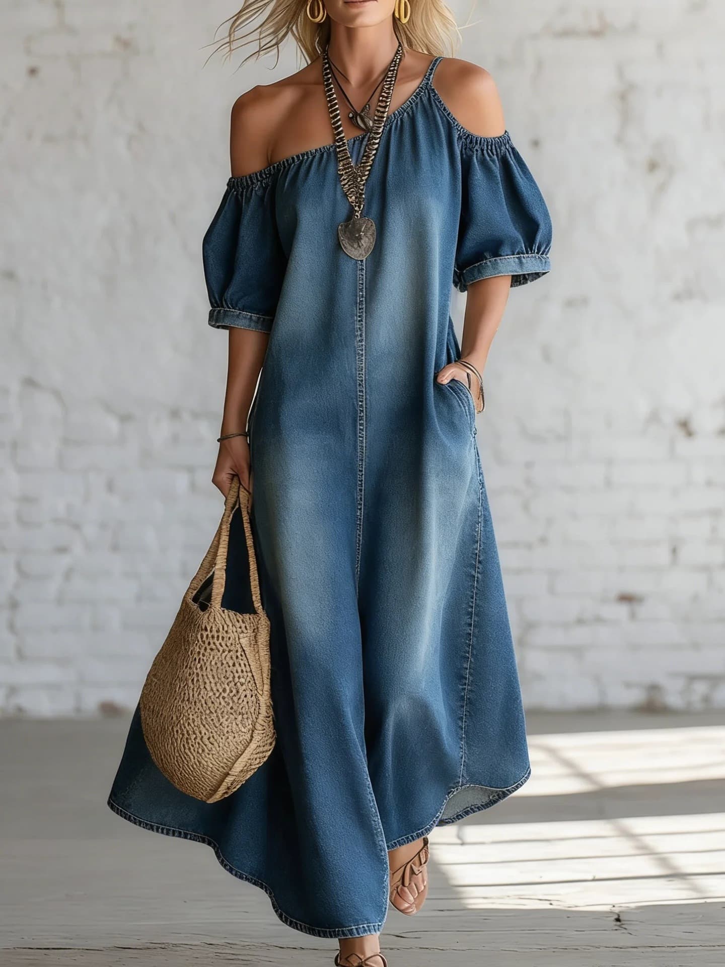 Loose-fit Chic Off-shoulder Slit Denim Maxi Dress 8