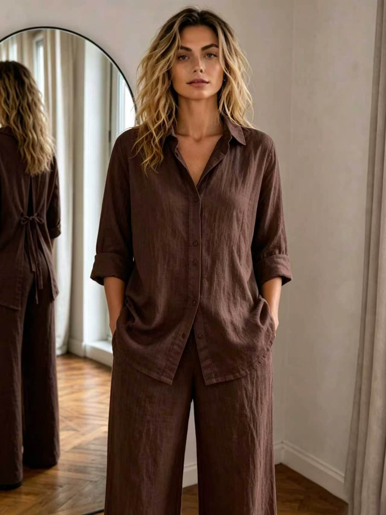 New Casual Solid-Color Trousers Summer Loose Single-Breasted Crepe Shirt Set 3