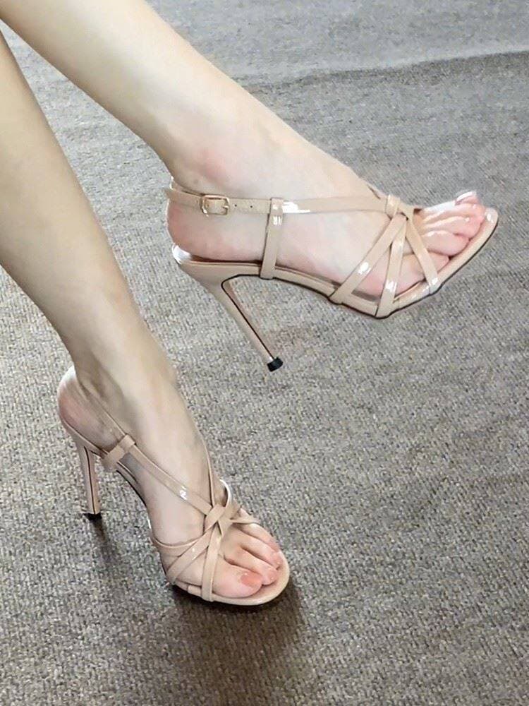 Nude Cross-strap Elegant Round-toe Open-toe Stiletto Heels For Women 10